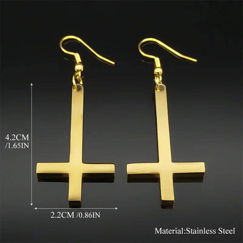 Stainless Steel Gothic Upside Down Cross Drop Earrings Punk