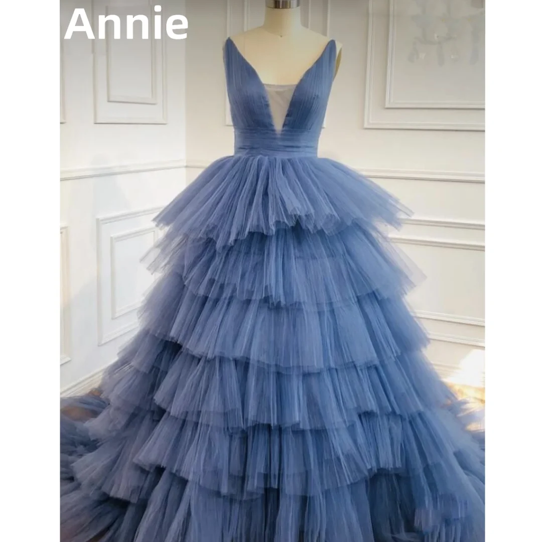 

Dark Blue Handmade Organza Prom Dress Multiple Layers Of Backless Evening Dress Vestidos De Noche Ground Length Party Dress