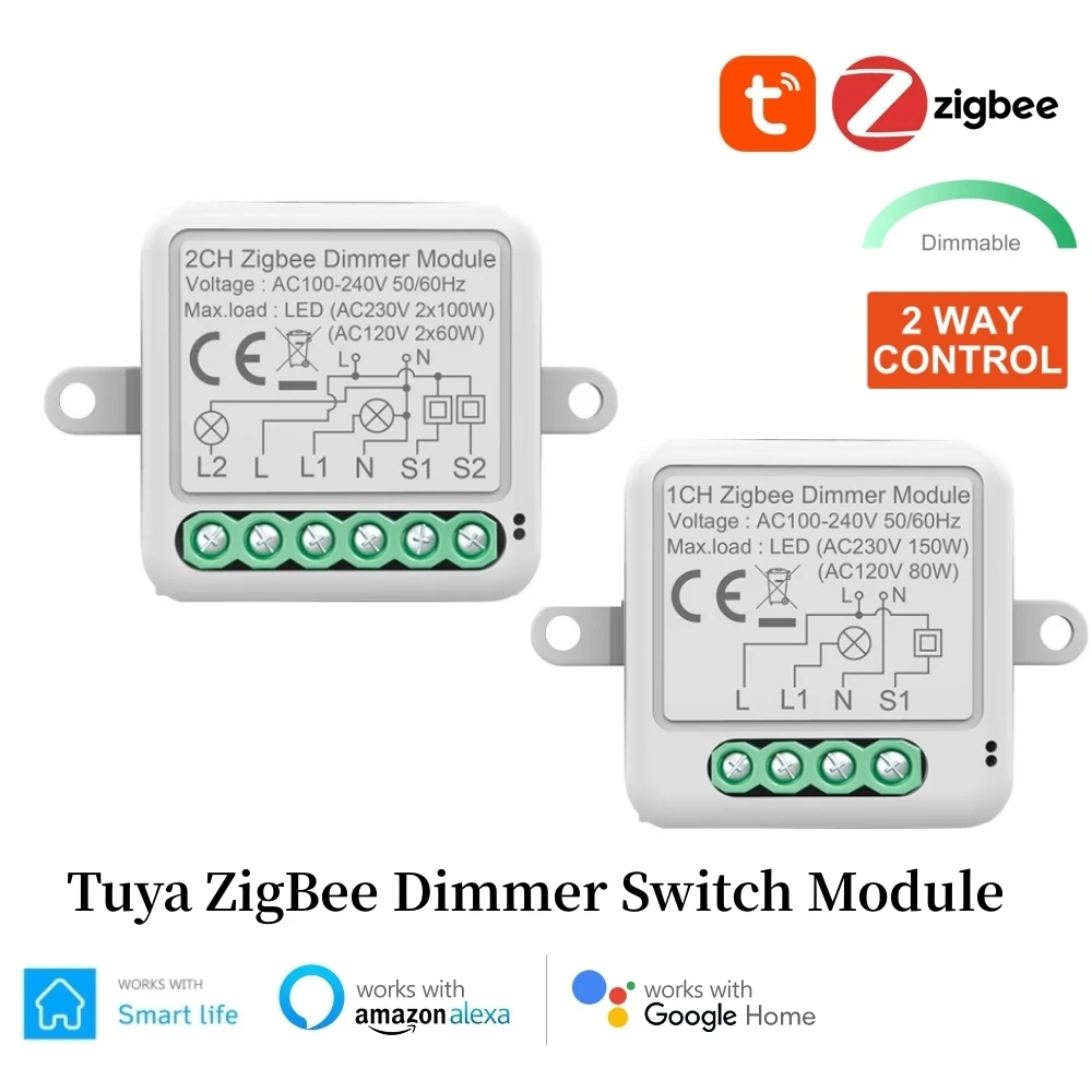 Tuya Zigbee Dimmer 1/2 Gang LED Smart Dimmers Switch Module Supports 2 Way Control Dimmable Switch Voice Work with Alexa Google