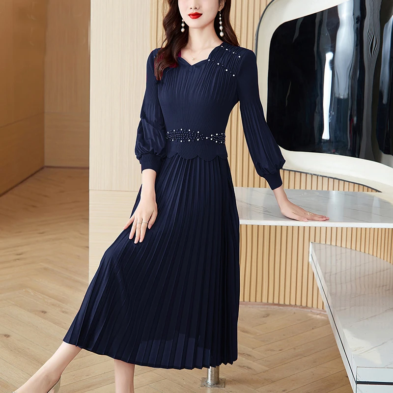 Spring Pleated Patchwork Chic Diamonds Luxury Midi Women's Dress Summer Elegant Bodycon Dress 2024 Korean Formal Occasion Dress - Image 3