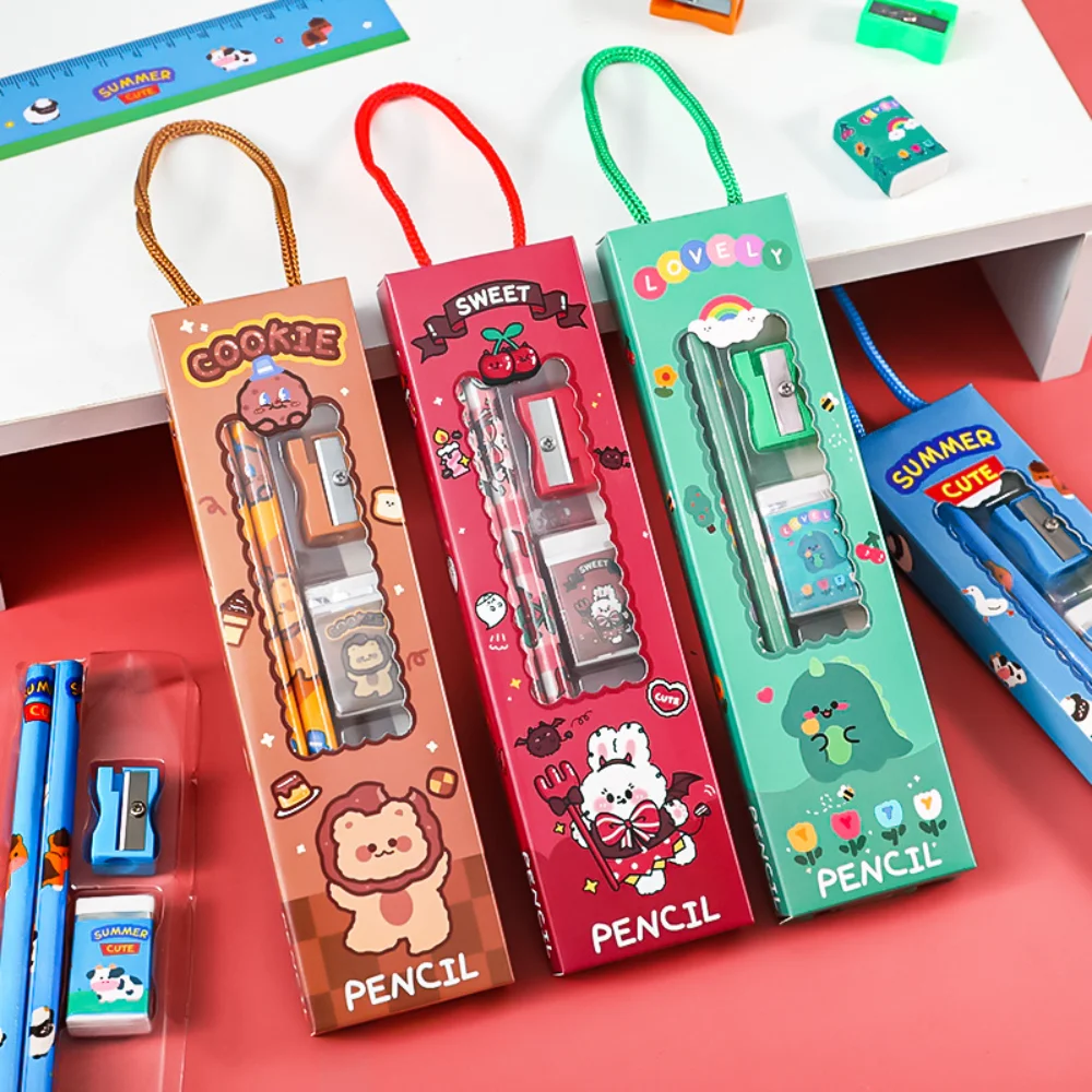 Cute Pencil Ruler Sharpener Set Portable Stationery Set Animal Cartoon Children Student School Supplies Stationery Gifts 5Pcs