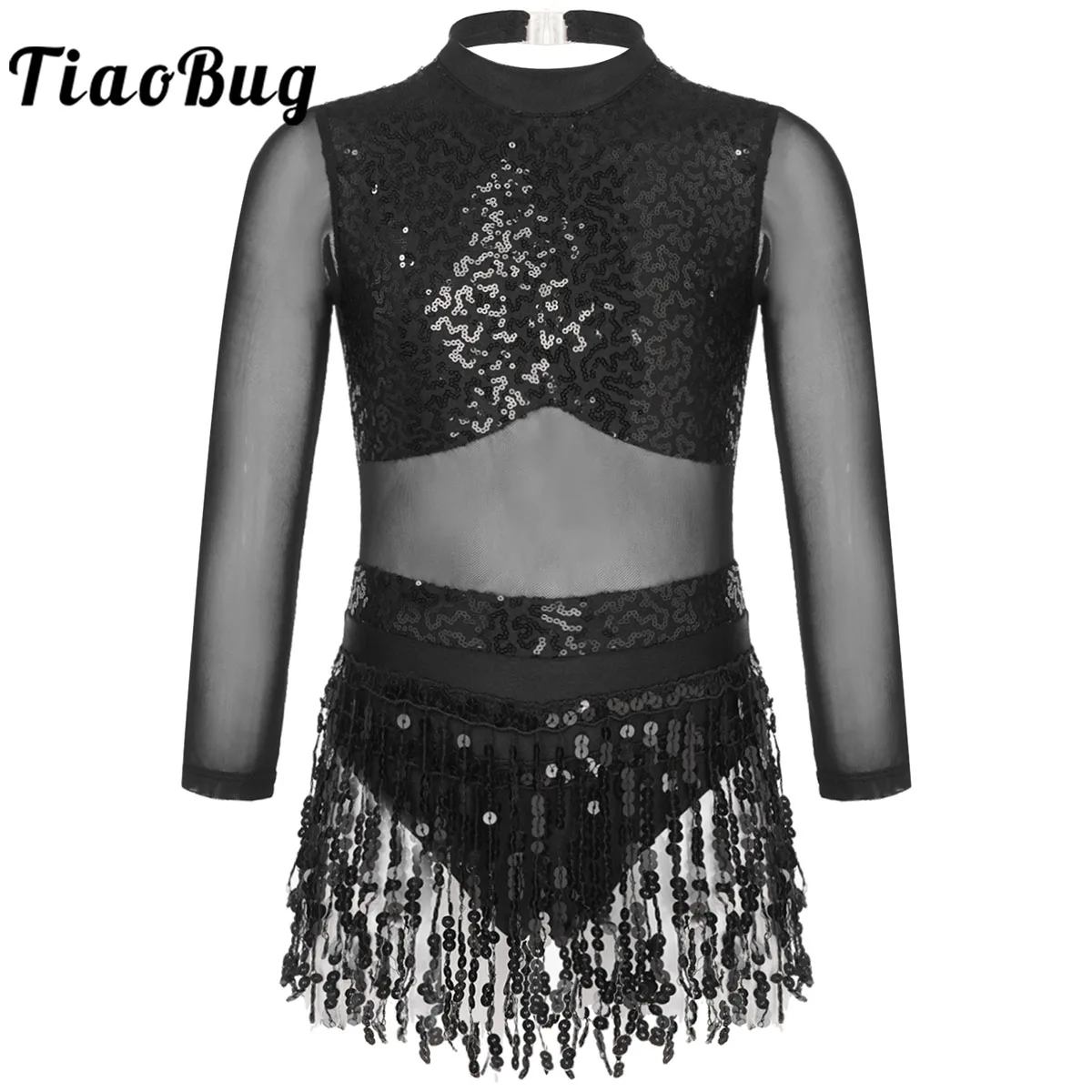 Kids Girls Sequins Tassel Latin Dance Dress Long Sleeve Gymnastics
