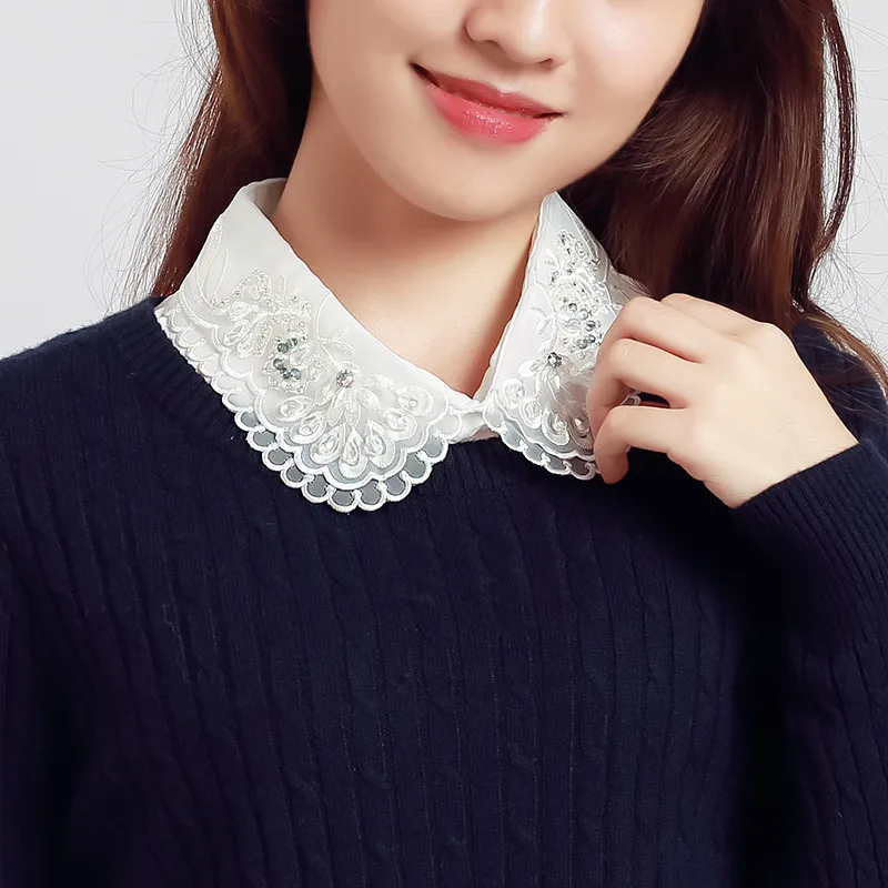 

Sitonjwly Women's Adult Detachable Shirt Fake Collar Solid Lace Beads False Collar Blouse Sweater Removable Half Shirt Decor