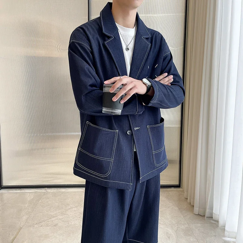 Men Streetwear Fashion Loose Casual Denim Blazers Jacket Pant 2 Pieces Suits Sets Man Vintage Suit Coat Jeans Tracksuits