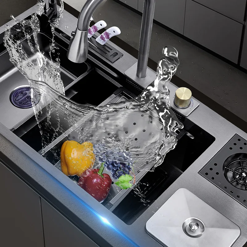 Kitchen Large Single Sink Waterfall Multifunctional Large Spout Pressurised Dishwashing and Vegetable Kitchen Sinks
