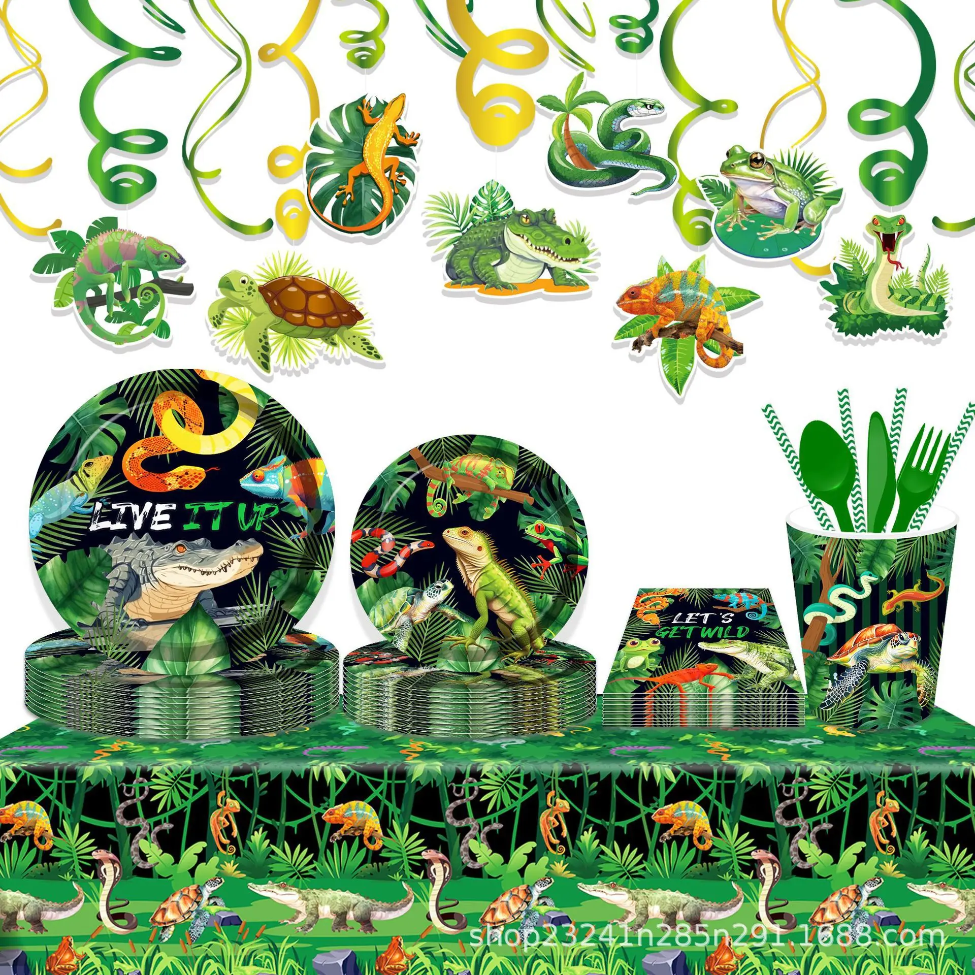 

Набор одноразовой посуды для дикой природы, искусственная зеленая змея, ящерица, украшение для дня рождения, 44 шт.