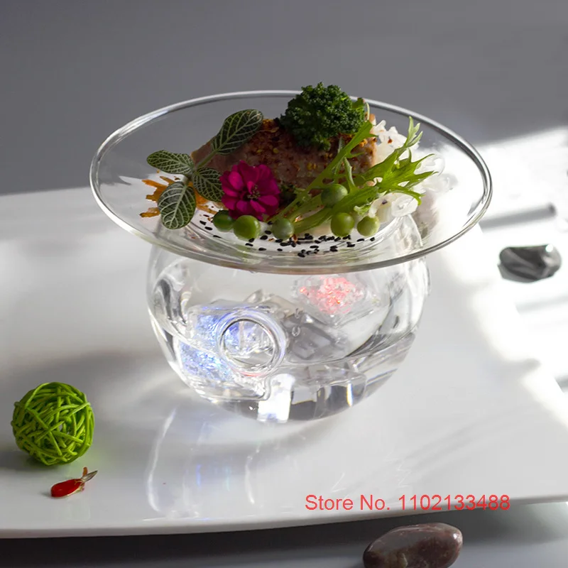 Dry Ice Glass Tray With 3 Holes Creative Kitchen Tableware Cooking Hollowware Artistic Conception Dishes Plates Fruit Salad Bowl