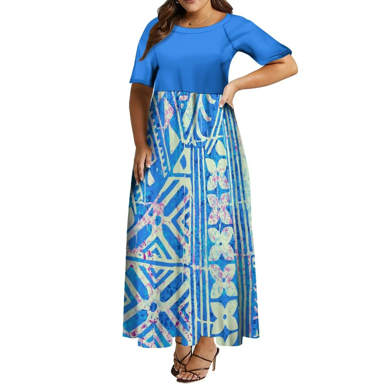 

High Quality Polynesian Tribal Print Custom Women'S Crew Neck Short Sleeve Dress Plus Size 8xl Maxi Dress