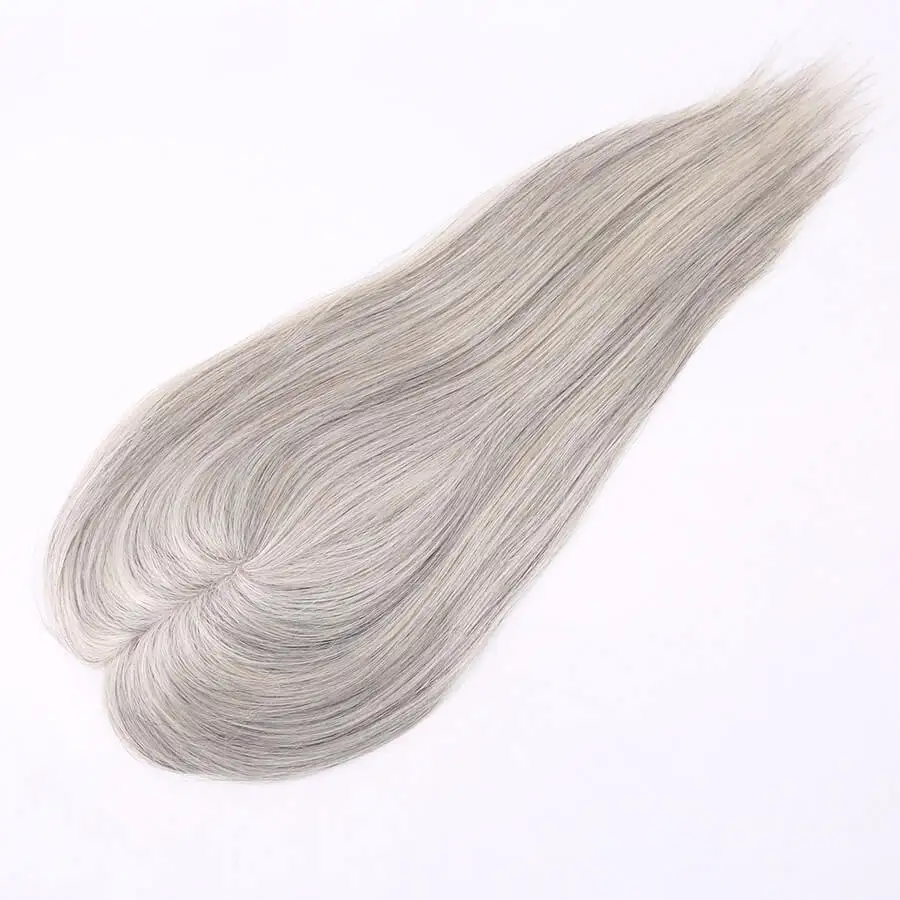 Sistema di Capelli Umani Vergini Russi Lisci 12-18 Pollici 1b Grigio Bianco, Parrucchino per Donne 5.5x6 Pollici, Topper in Monofilamento per Donna Bianca - immagine 6