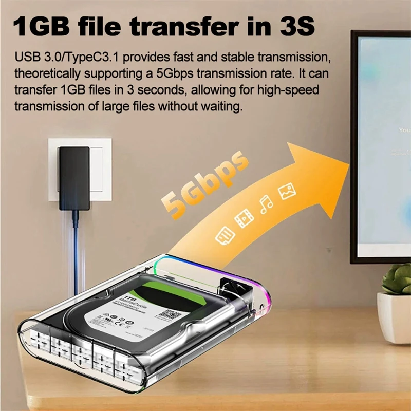 3.5인치 HDD/SSD 인클로저 투명 USB 3.0 타입 C - 외장형 HDD 케이스 지원 28TB SSD RGB 다채로운 조명 US 플러그-A31R