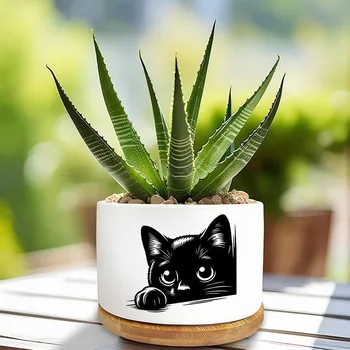 Black Cat Patterned Ceramic Flowerpot with Tray for Home Office Decor Gift for Plant Lovers Family Friend (excluding Plants)
