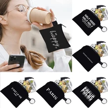

2022 Women's Coin Purse Text Print Pattern Collection Earbuds Key Storage Bag Small Objects Ring Buckle Zipper Black Canvas Mini