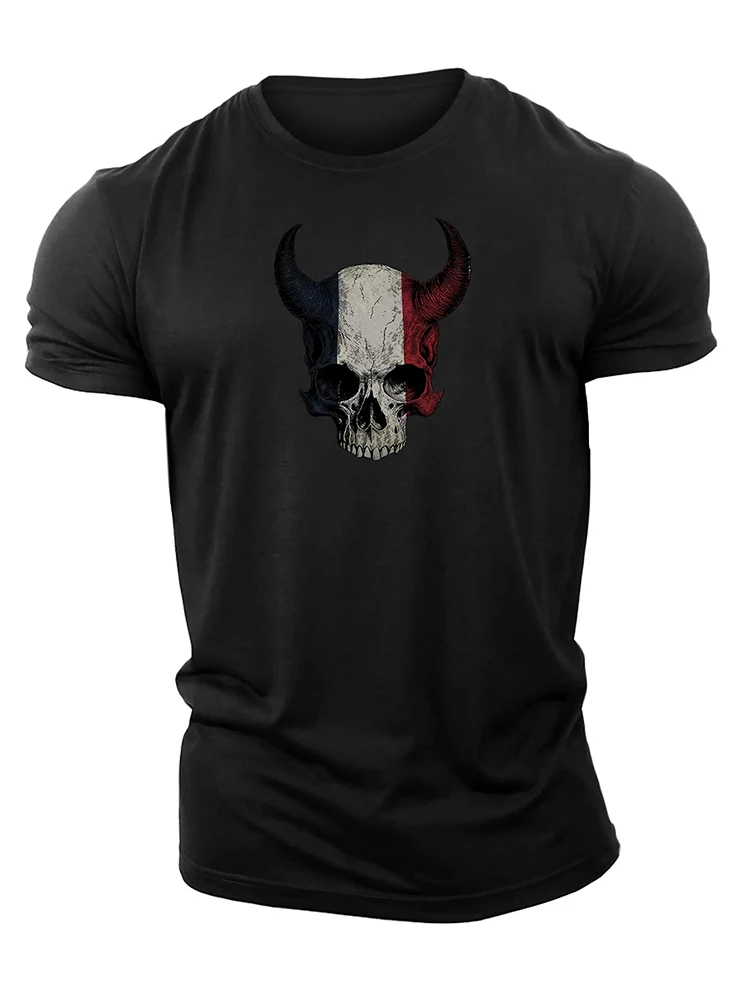 

3D Print Devil Skull FR Gym T-Shirt High Quality Cotton Men's Short Sleeves Daily Casual Top Muscle Man Tough Guy Workout Tshirt