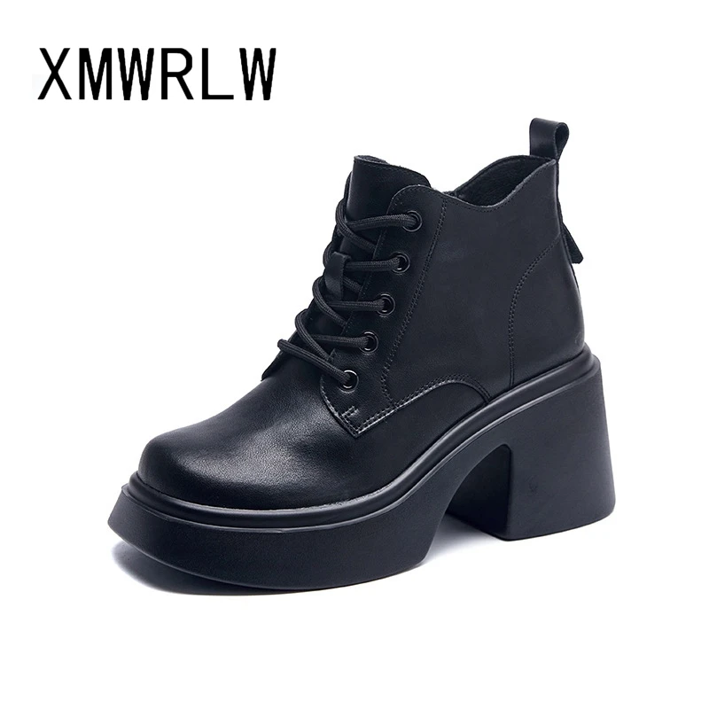 

XMWRLW 2023 Autumn Winter Women Genuine Leather Ankle Boots Casual Lace up High Heels Ladies Ankle Boots Non-Slip Shoes Boot