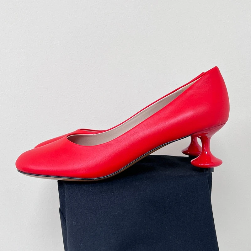 

Summer Ladies High Heels New Solid Color Upper Real Leather Material Female Pumps Minimalism Round Toe Vase Heel Single Shoes