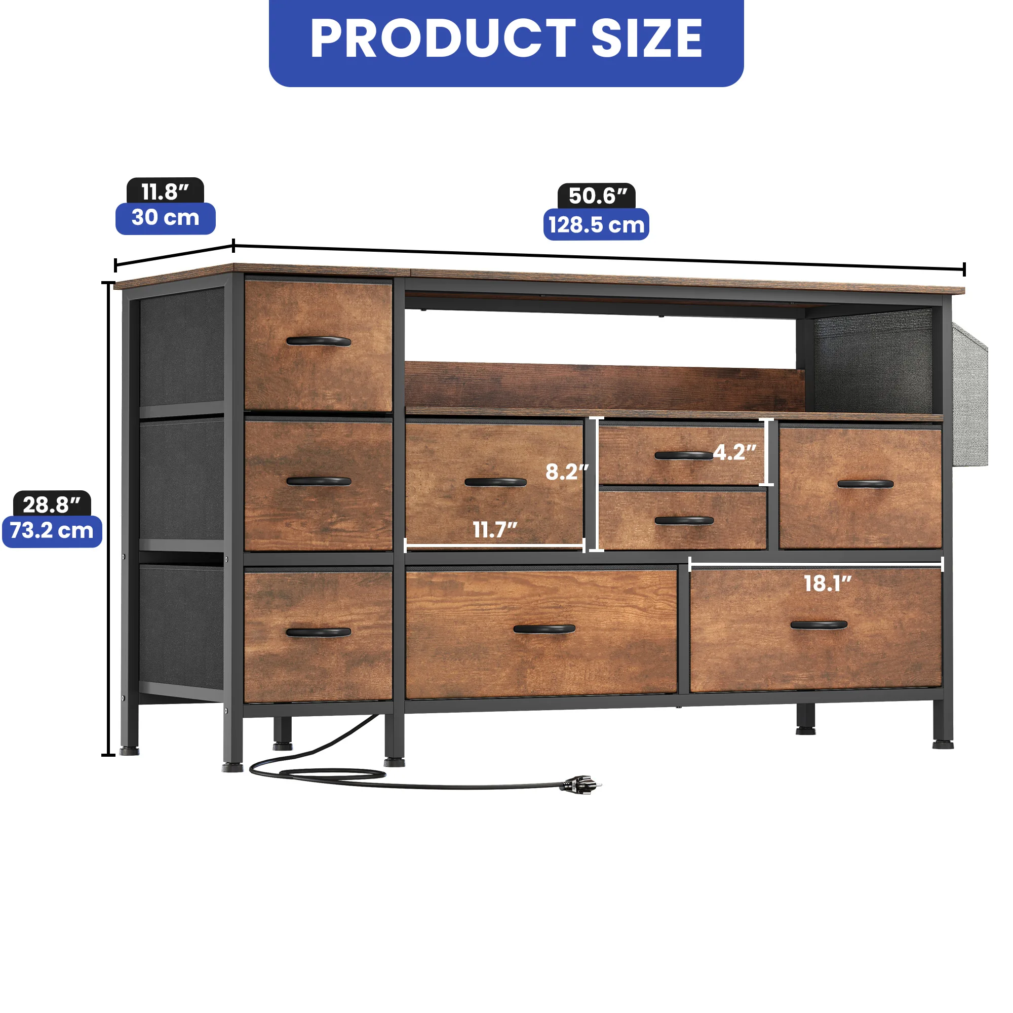 TV Stand Dresser Storage 9 Drawer Power Outlet Side Pockets Hooks