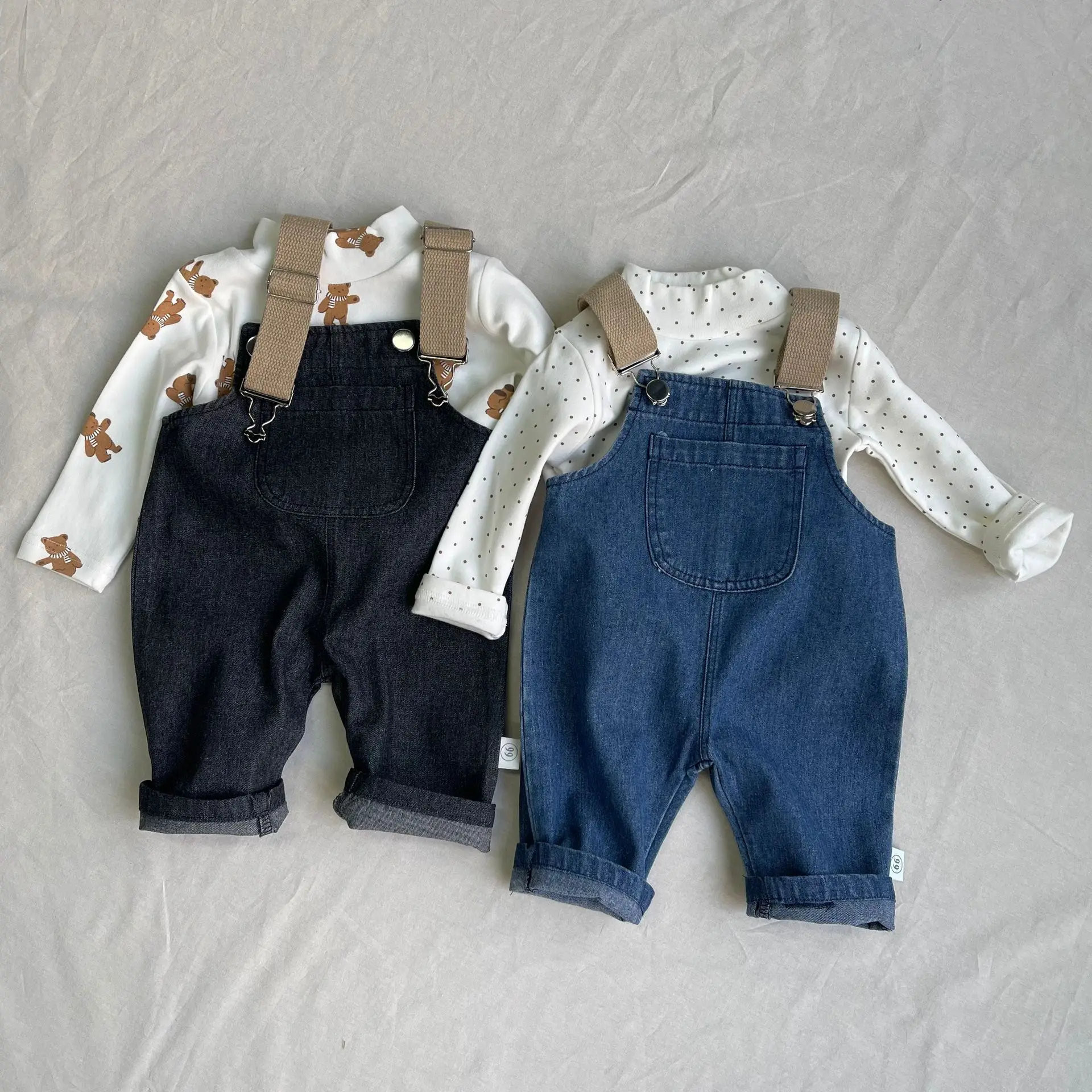 2025 Spring New Baby Fashion Denim Overalls Infant Boy Loose Strap Trousers Girls Solid Versatile Casual Pants Toddler Jeans