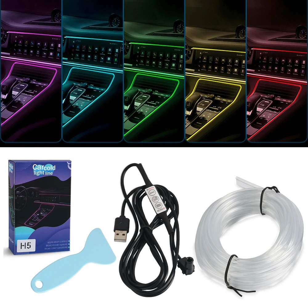 

RGB светодиодная атмосфера для салона автомобиля, окружающий свет, оптоволоконные полосы светильник с помощью контроллера, неоновая Автомобильная декоративная лампа, несколько цветов, режим