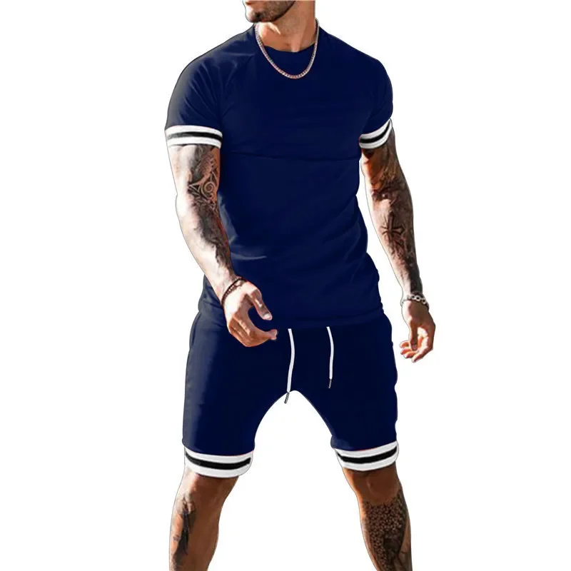Football Sports Set Men Round Neck Short-sleeved Sports Suit Casual Outdoor Fitness Big Size Color Matching Two-piece Set