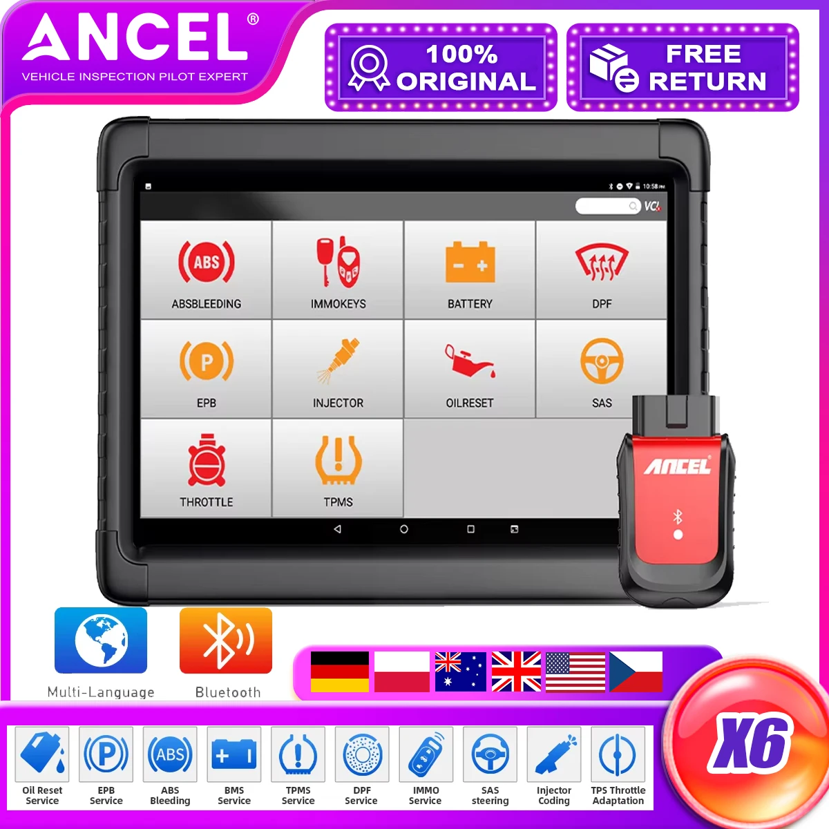 Skaner samochodowy OBD2 do pełnego systemu, narzędzia diagnostyczne Ancel X6, czytnik kodów, ABS, TPMS, EPB, DPF, IMMO, SAS, reset oleju, skaner samochodowy OBD2