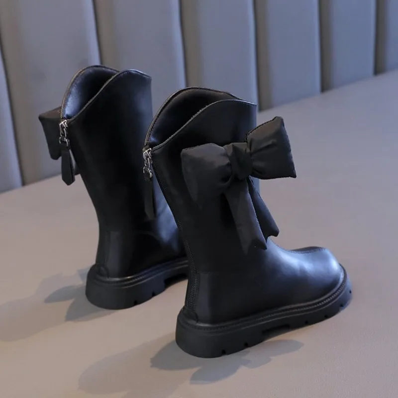 New Winter Girls Princess Cotton Boots Elegant Bowknot Children Causal Boots Fashion Black Versatile Kids Simple Mid-calf Boots 3