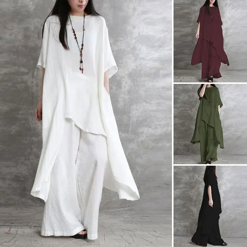 Ensemble 2 Pièces Chic Ensemble Lin Femme 2 Piu00e8ces Coton Et Lin Ete Chic Elegant Grande Taille T-Shirt Top Pantalon Large Costume 2 Piu00e8ces Du00e9contractu00e9 Sport Jogging Ensemble Tunique Pantalon Femme