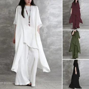 여성 코튼 린넨 투피스 세트, 캐주얼 롱 상의, 운동복 정장, 반팔 O넥 상의, 바지, 빅 사이즈 패션