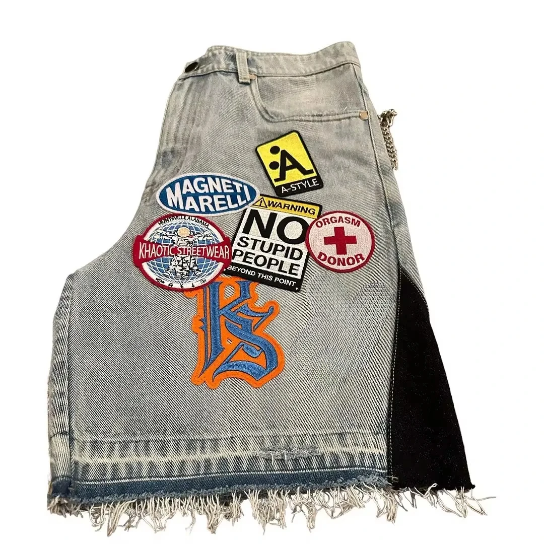 Y2K Retro Patchwork Denim Shorts Men Harajuku Hip Hop Cartoon Embroidery Retro Blue Baggy Denim Fitness Casual Knee Length Short Denim Shorts Summer Jeans Shorts
