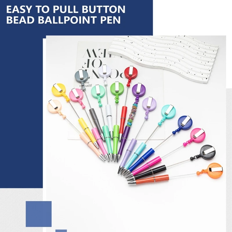 6Pcs Beadable Ballpoint Pen with Retractable Badge Holder Beaded Pen with Badge Reel Belt Clip for Teacher Nurse Doctor