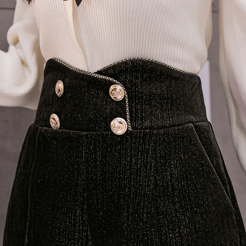 

Winter Chenille Shorts Women Woolen High Waist Button Back Zipper Short Trousers Black Bermuda LJ8