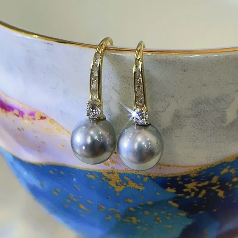 

HENGSHENG 8-9mm Akoya Silver Blue Pearl Simple Drop Earrings Round Pearl Fine Women's Earrings 925 Sterling Silver Jewelry Gifts