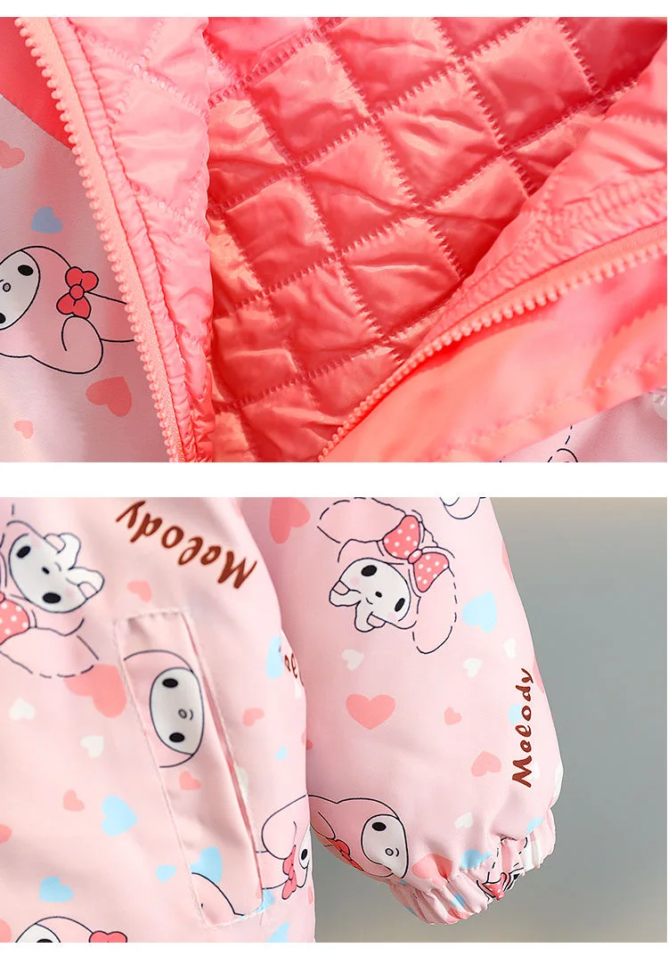 New Fashion Autumn Girl Cute Printed Jacket Toddler with Hooded Winter Warm Windproof Pink Coat Casual Clothing 3 to 8 year