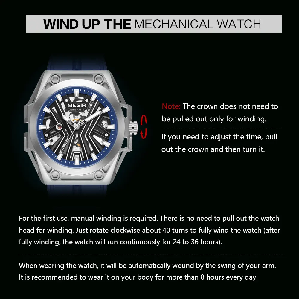 MEGIR Military Sports Automatical Watch Men White Silicone Strap Waterproof Luminous Skeleton Dial Mechanical Wristwatch 8603 mechanical watch