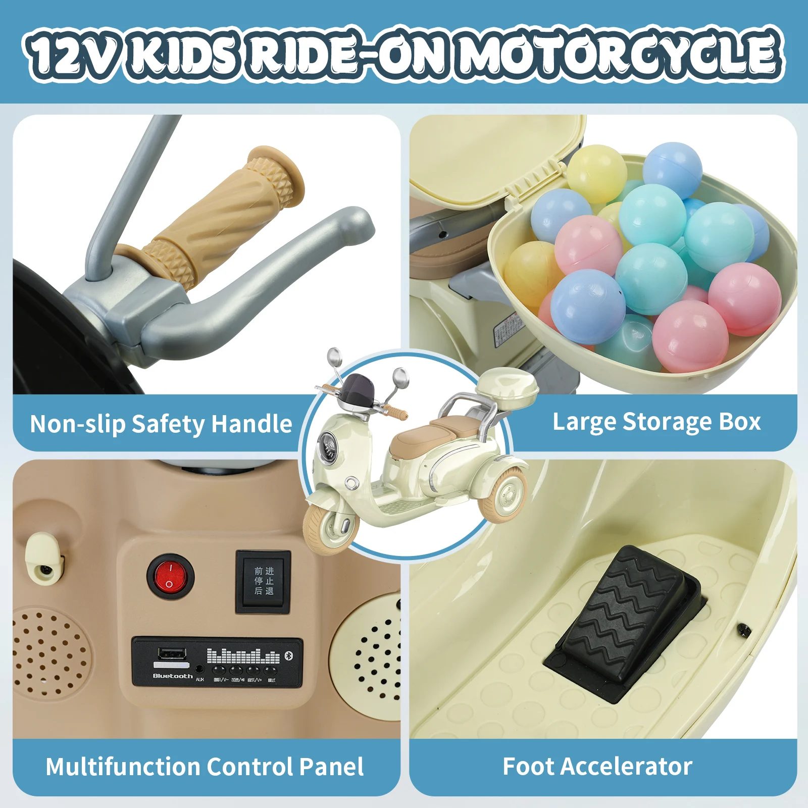 2 Seater Kids Ride on Motorcycle, 12V Electric Motorcycle for Kids, 3 Wheels Kids Motorbike with Storage Box, Music, LED Light