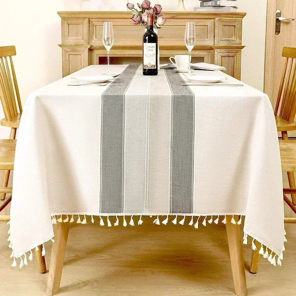 thumbnail image 1 of Mantel Rectangular resistente a las arrugas, impermeable, lavable, cubierta de mesa de granja con borlas, 1 of 5
