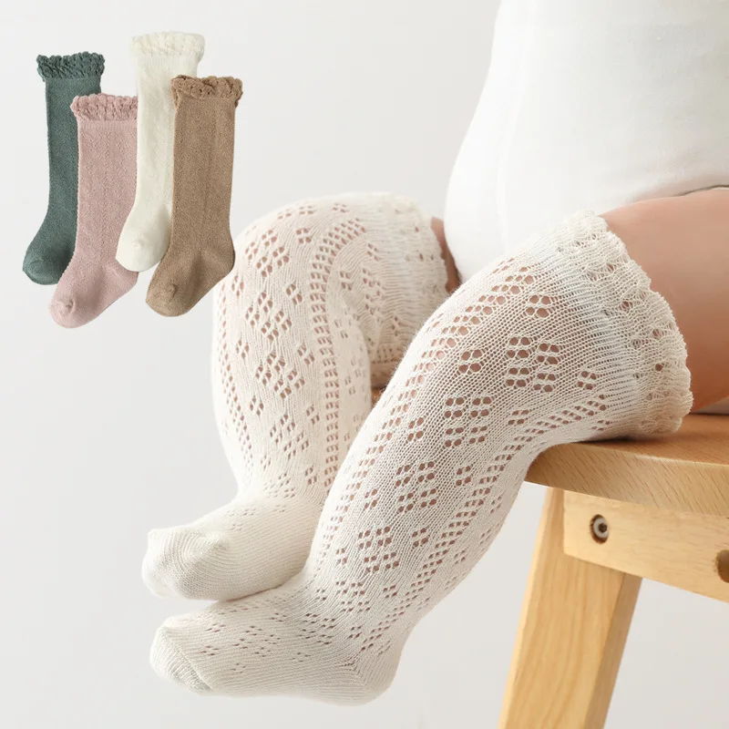 2023 Spring Summer Baby Socks Hollow Girls Boy Leg Warmer Knee High Long Sox Infant Cotton Hose Children Princess Kids Sokken