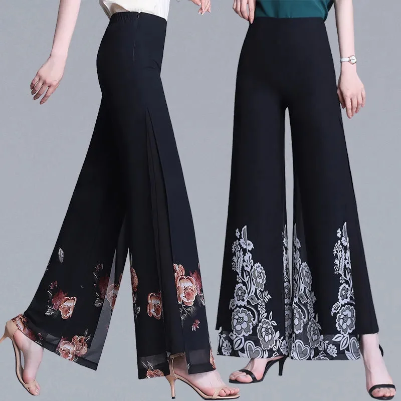 

2023 New Women Summer Thin Big Size Wide Leg Pants Loose High Waist Print Black Casual Chiffon Trousers Female Straight Pants