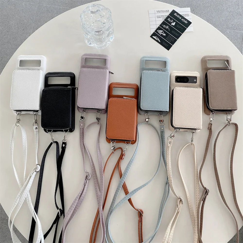 Leather Litchi Wallet Phone Case with Shoulder Strap and Card Holder Stand