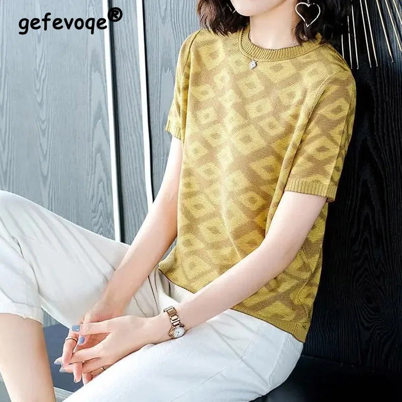 

Spring Summer New Elegant Short Sleeve O-neck Loose Pullover T-shirt Knitted Base Geometry Print Casual Sweater Women's Clothing