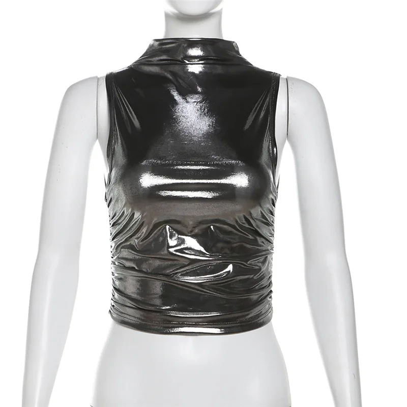 Top corto de seda brillante para mujer, ropa atrevida, accesorios Y2k, corsé de cuello redondo, ropa para mujer, sin mangas, conjuntos sexis para club rave, camisola de verano