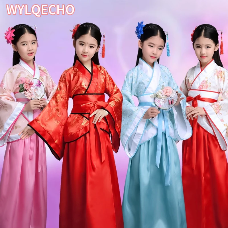 

Chinese silk robe Costume Girls Children Kimono China Traditional Vintage Ethnic Fan Students Chorus Dance Costume Hanfu