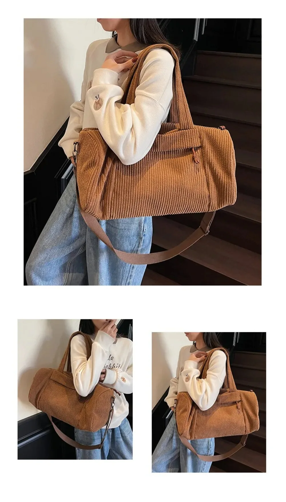 Modische Cord-Umhängetasche, leichte Umhängetasche mit großem Fassungsvermögen, Tragetasche, Gepäcktasche – Detail 9