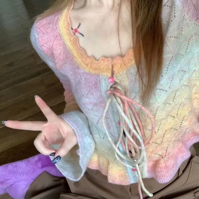 

2023 Y2K Aesthetic Rainbow Cropped Cardigan Women Harajuku Vintage Hollow Out Knitted Sweater Korean Slim Flare Sleeve Tops