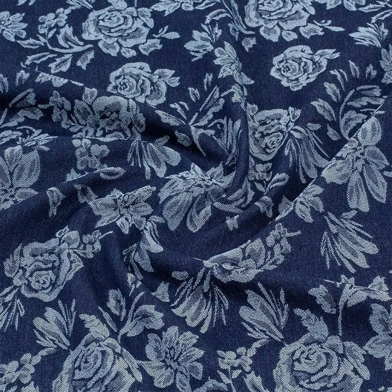 Chinese Style Fabric Washed Jacquard Denim Figured Cloth Clothing Clothes Coat Designer Fabric Embroidery
