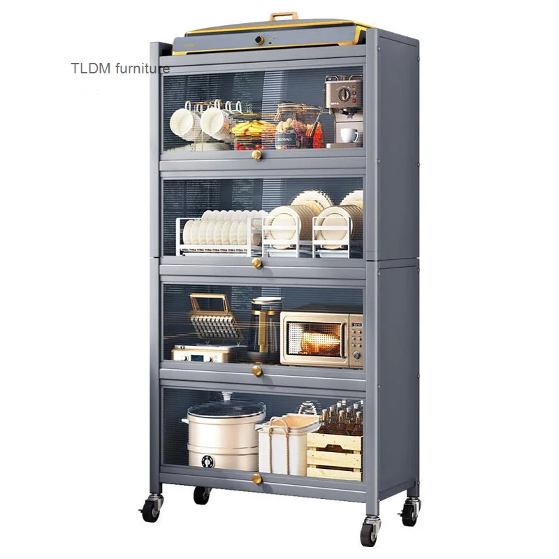 Modern Carbon Steel Kitchen Cabinets Home Storage Cabinet Multi-functional Multi-layer Microwave Oven Floor Rack with Flip Door