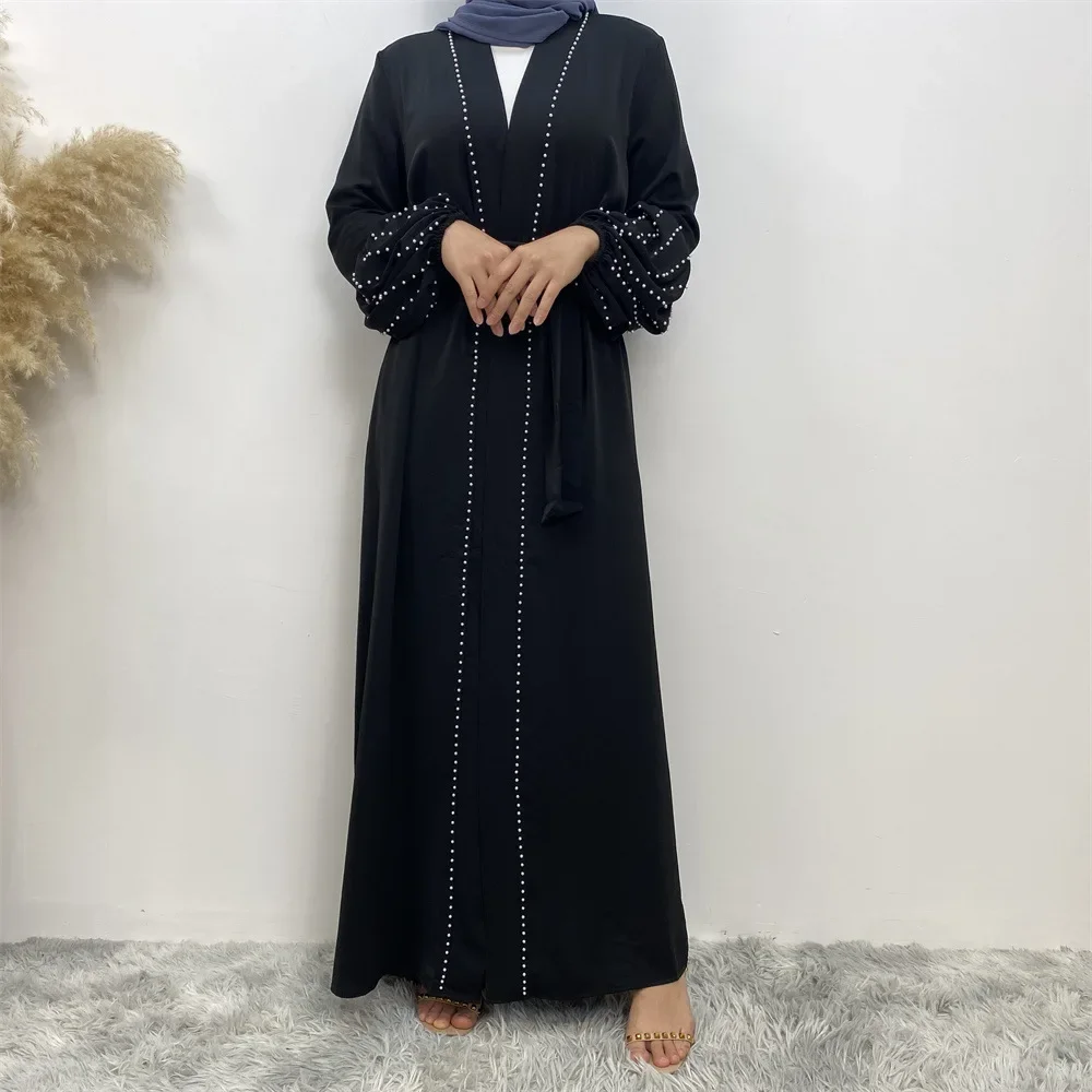 Abayas for Women Dubai 2024 Arabic Turkish Islamic Solid Color Beaded Lace-up Muslim Cardigan Robe Abaya Kimono Femme Musulmane