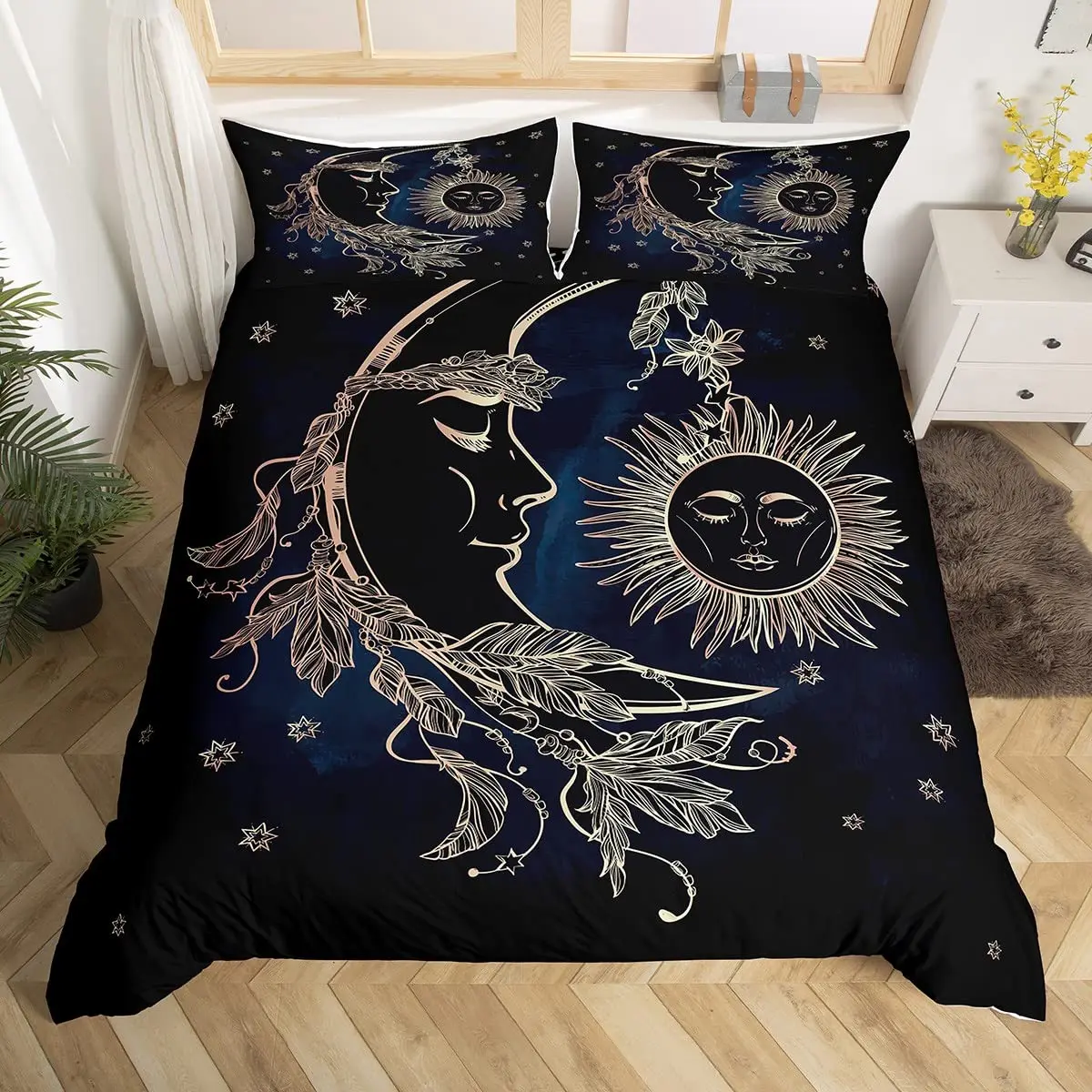 

Duvet Cover Set Golden Sun and Moon Boho Mysterious Color Home Decor Bedding Set Adults Gifts with Zipper Decorative Quilt Cover