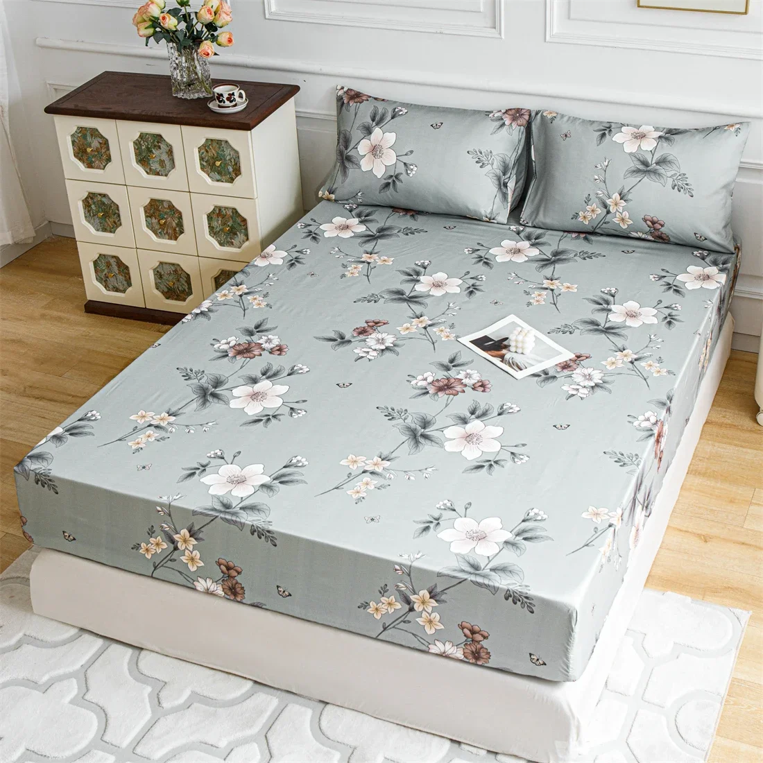 Grey white flower Bed Fitted Sheets Sabanas Mattress Cover with Elastic Microfiber (no pillowcase) 160*200*25cm 6