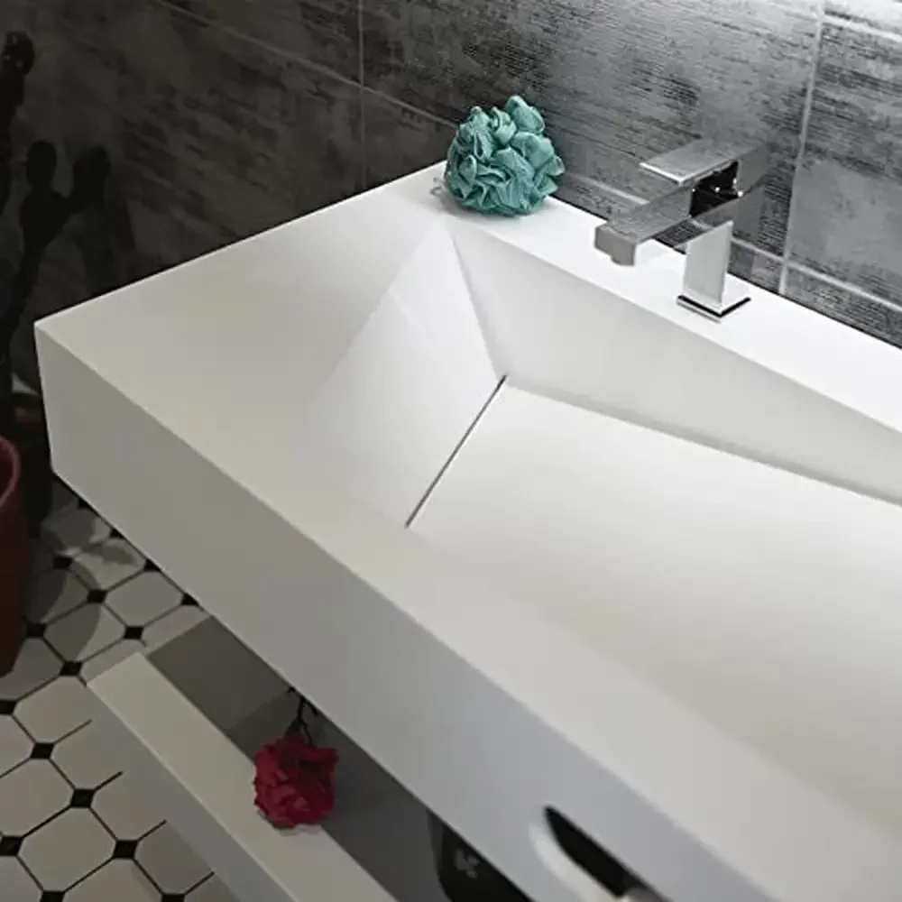 Rectangular Bathroom Vanity Sink Stone Resin Floating Shelf Matte White Trough 32x19