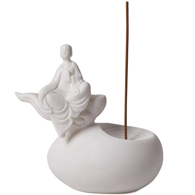 White Buddha Incense Burner Ceramic Tray Chinese White Porcelain Statue Incense Holder Meditation & Aromatherapy Decor